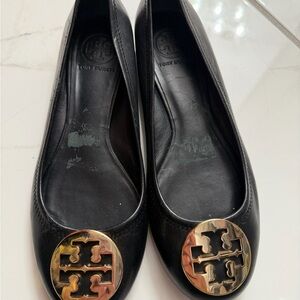 Tory Burch Black Flats with Gold Emblem